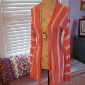 Coral Pink and White Long Open Cardigan